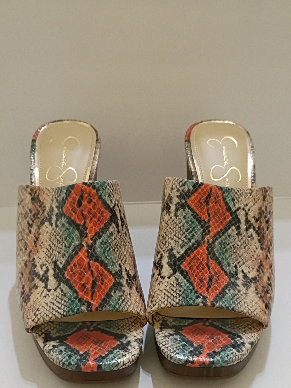 Jessica Simpson Snake-Print Slide Wedge Mules in Orange, Green & Tan